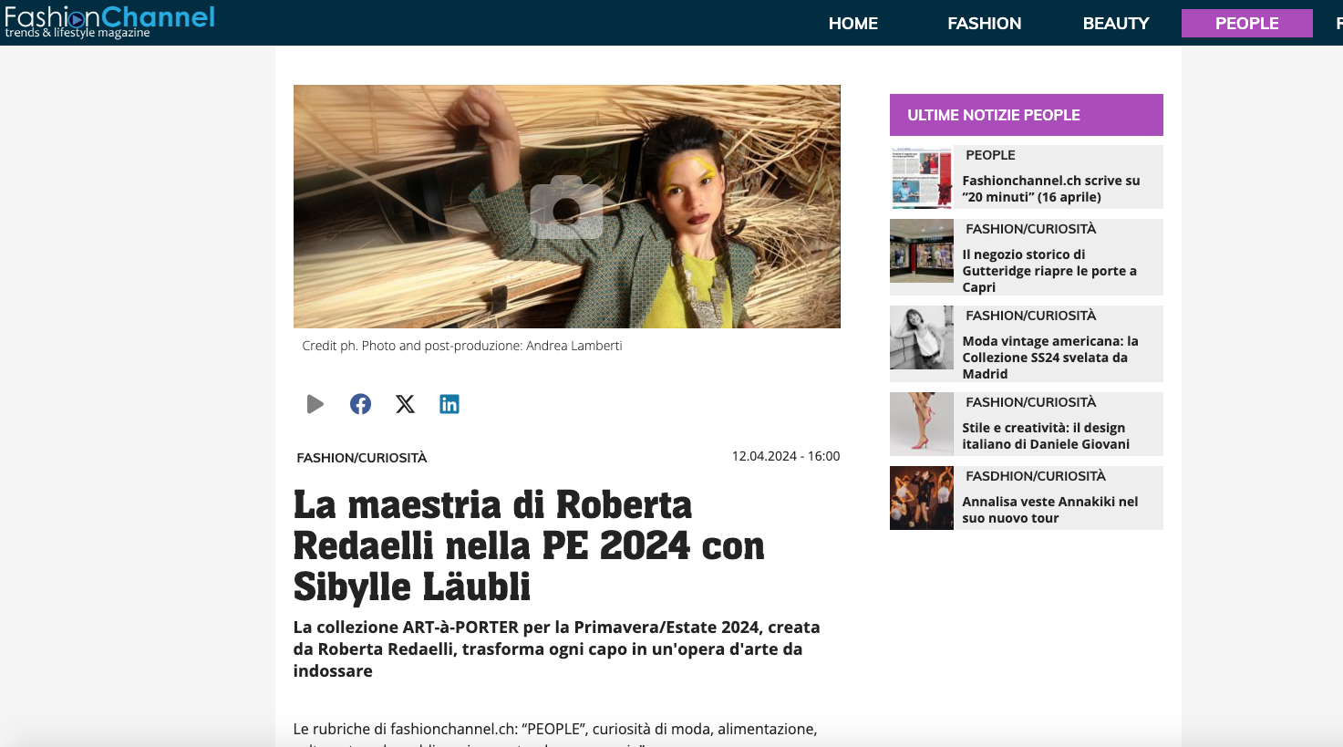 Fashion Channel ch - 12 aprile 2024 Roberta Redaelli nuova PE 2024 ART-à-porter ispirata alle opere di Sibylle lubli